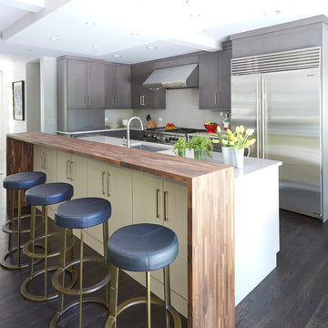 Blue Leather on Metal Bar Stools in Contemporary Kitchen