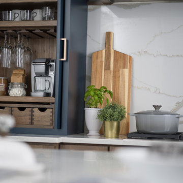 Blue Modern Farmhouse Kitchen with a Beverage Center Larder Cabinet