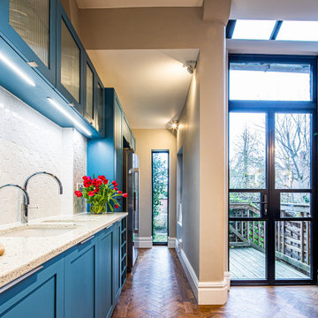 Blue Shaker Kitchen with Recycled Glass