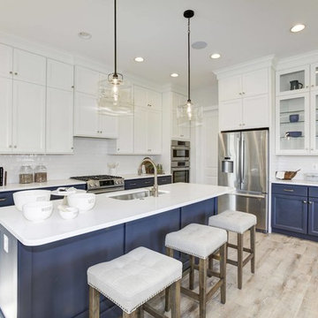 Blue, White & Brass Open Concept Kitchen Staging