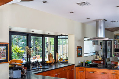Inspiration for a small eclectic u-shaped ceramic tile open concept kitchen remodel with an undermount sink, recessed-panel cabinets, light wood cabinets, soapstone countertops and stainless steel appliances