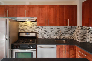 ニューヨークにある低価格の小さなトランジショナルスタイルのおしゃれなキッチン (アンダーカウンターシンク、落し込みパネル扉のキャビネット、中間色木目調キャビネット、御影石カウンター、グレーのキッチンパネル、ガラスタイルのキッチンパネル、シルバーの調理設備、アイランドなし) の写真