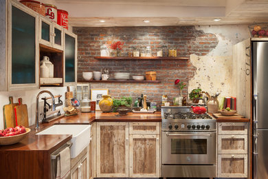 Inspiration for a small rustic l-shaped medium tone wood floor and brown floor eat-in kitchen remodel in Philadelphia with a farmhouse sink, shaker cabinets, light wood cabinets, wood countertops, red backsplash, brick backsplash, stainless steel appliances, no island and brown countertops