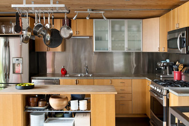 Kitchen - industrial l-shaped dark wood floor and brown floor kitchen idea in Toronto with a double-bowl sink, flat-panel cabinets, light wood cabinets, wood countertops, metallic backsplash, stainless steel appliances, metal backsplash and an island