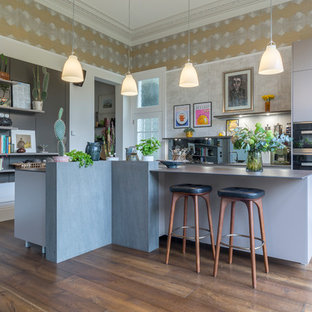 This is an example of a medium sized bohemian kitchen in Manchester with flat-panel cabinets, grey cabinets, brown floors, grey splashback, black appliances and dark hardwood flooring.