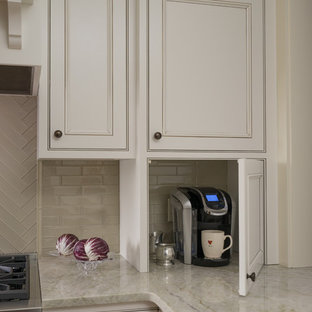 Inspiration for a traditional l-shaped separate kitchen in Boston with beaded inset cabinets, white cabinets, glass tile splashback, stainless steel appliances, medium hardwood floors and with island.