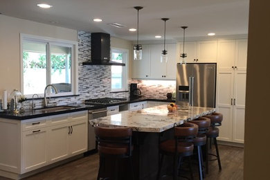 Kitchen - transitional kitchen idea in Orange County with an undermount sink, shaker cabinets, white cabinets, quartz countertops, an island and black countertops