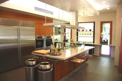 Ejemplo de cocina actual grande con armarios con paneles lisos, puertas de armario de madera oscura, electrodomésticos de acero inoxidable y una isla