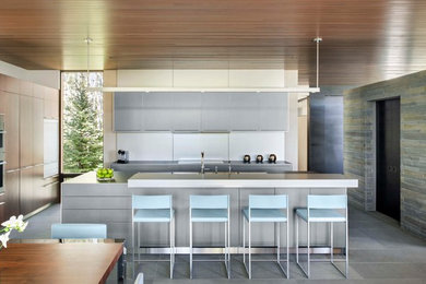 Eat-in kitchen - contemporary eat-in kitchen idea in Denver with flat-panel cabinets, stainless steel countertops, stainless steel appliances, an island and gray cabinets
