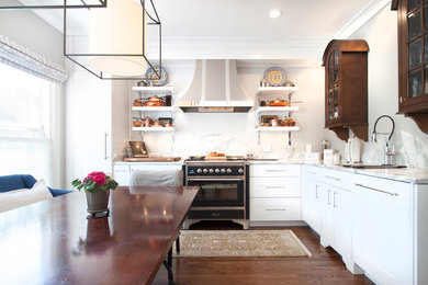 Small transitional eat-in kitchen photo in DC Metro with white cabinets and marble countertops
