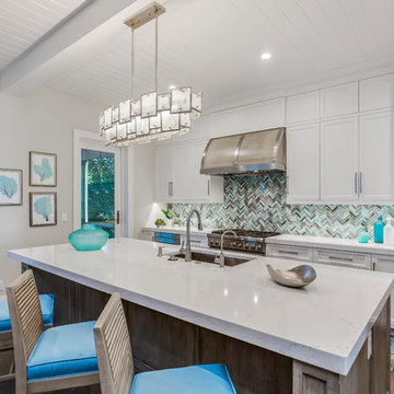 Bright Kitchen with glass tile and T & G ceiling