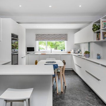 Bright white family kitchen with a touch of blue