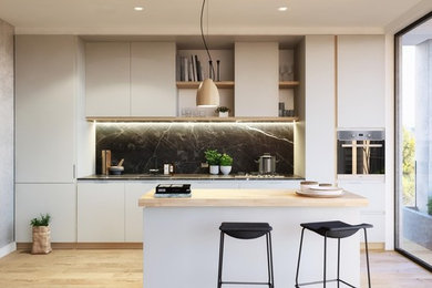 Mid-sized trendy single-wall open concept kitchen photo in Melbourne with a double-bowl sink, white cabinets, quartz countertops, multicolored backsplash, stone slab backsplash, stainless steel appliances and an island
