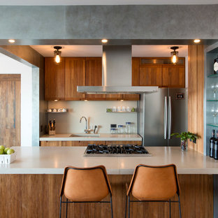 Photo of a small contemporary kitchen in New York with with island, flat-panel cabinets, medium wood cabinets, stainless steel appliances, bamboo floors, concrete benchtops, white splashback and an undermount sink.