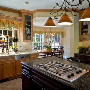 Ispirazione per una cucina classica chiusa con ante di vetro, ante in legno chiaro, paraspruzzi multicolore, elettrodomestici in acciaio inossidabile e top in granito