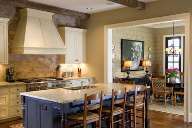 Example of a mid-sized classic single-wall medium tone wood floor and brown floor eat-in kitchen design in Atlanta with a double-bowl sink, recessed-panel cabinets, white cabinets, granite countertops, beige backsplash, stone tile backsplash, stainless steel appliances and an island