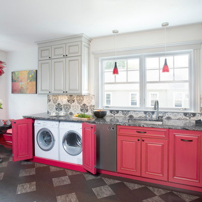Example of a mid-sized eclectic l-shaped linoleum floor eat-in kitchen design in Boston with an undermount sink, raised-panel cabinets, red cabinets, granite countertops, ceramic backsplash, stainless steel appliances, no island and gray backsplash