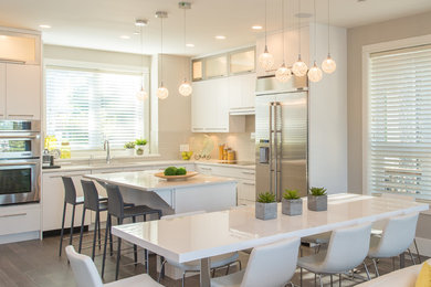 Immagine di una cucina minimal di medie dimensioni con lavello sottopiano, ante lisce, ante bianche, paraspruzzi grigio, elettrodomestici in acciaio inossidabile e parquet scuro