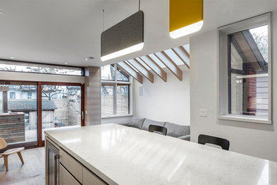Mittelgroße Moderne Küche mit flächenbündigen Schrankfronten, Küchengeräten aus Edelstahl, hellem Holzboden und Kücheninsel in Toronto