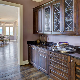 Small kitchen pantry pictures - Kitchen pantry - small single-wall dark wood floor and brown floor kitchen pantry idea in Chicago with an undermount sink, raised-panel cabinets, dark wood cabinets, granite countertops, black backsplash, stone slab backsplash, no island and black countertops