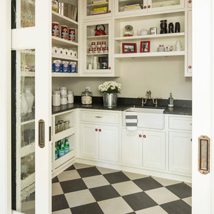 Photo of a transitional kitchen pantry in Minneapolis with a farmhouse sink and multi-coloured floor.