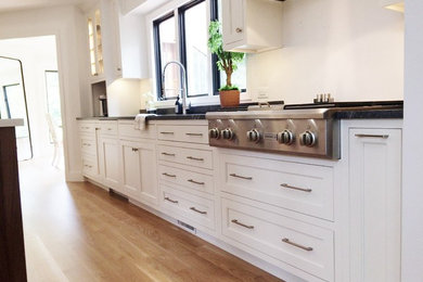 Inspiration for a mid-sized timeless galley eat-in kitchen remodel in Chicago with flat-panel cabinets, white cabinets, quartz countertops, an island and black countertops