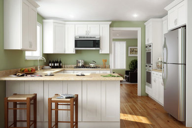 Example of a huge classic open concept kitchen design in New York with an island