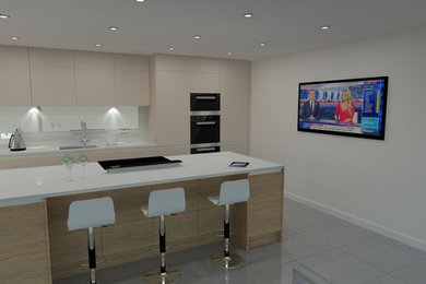 Large contemporary single-wall kitchen/diner in Dorset with a built-in sink, flat-panel cabinets, beige cabinets, quartz worktops, grey splashback, glass sheet splashback, integrated appliances, ceramic flooring and an island.