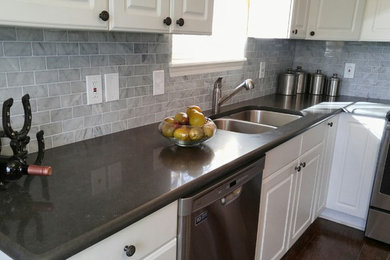 Caesarstone Piatra Grey Quartz Countertop with Carrara Marble Subway Tile