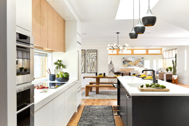Open concept kitchen - large contemporary galley light wood floor open concept kitchen idea in Philadelphia with an undermount sink, flat-panel cabinets, black cabinets, solid surface countertops, window backsplash, paneled appliances, an island and white countertops