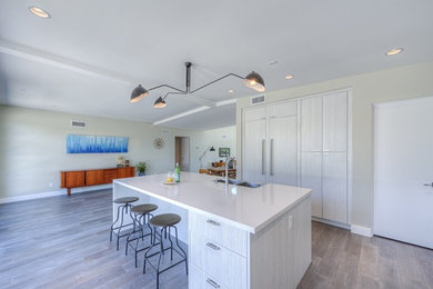 Inspiration for a mid-sized contemporary l-shaped light wood floor open concept kitchen remodel in Phoenix with a farmhouse sink, flat-panel cabinets, light wood cabinets, quartz countertops, white backsplash, ceramic backsplash, paneled appliances and an island