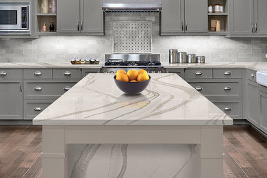 Example of a mid-sized trendy l-shaped vinyl floor and brown floor kitchen design in Chicago with a farmhouse sink, shaker cabinets, gray cabinets, quartzite countertops, gray backsplash, stone tile backsplash, stainless steel appliances and an island