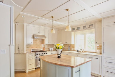 Eat-in kitchen - mid-sized traditional u-shaped dark wood floor eat-in kitchen idea in Boston with shaker cabinets, white cabinets, granite countertops, beige backsplash, ceramic backsplash, stainless steel appliances and an island