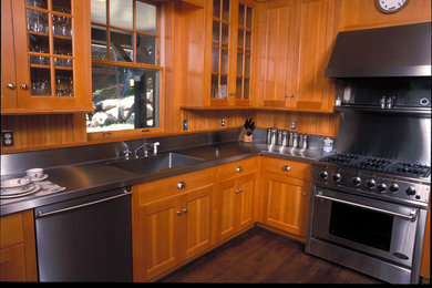 Diseño de cocina tradicional con fregadero integrado, armarios con paneles lisos, puertas de armario de madera clara, encimera de acero inoxidable, electrodomésticos de acero inoxidable y suelo de madera oscura