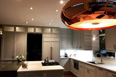 エドモントンにある高級なトランジショナルスタイルのおしゃれなキッチン (シェーカースタイル扉のキャビネット、珪岩カウンター) の写真