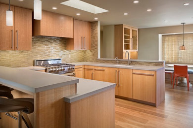 Inspiration for a mid-sized contemporary light wood floor kitchen remodel in Other with an undermount sink, flat-panel cabinets, light wood cabinets, concrete countertops, beige backsplash, glass tile backsplash and colored appliances