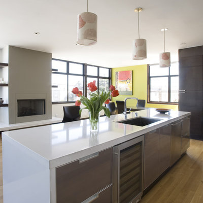 Open concept kitchen - contemporary open concept kitchen idea in San Francisco with stainless steel appliances, a single-bowl sink, flat-panel cabinets and dark wood cabinets