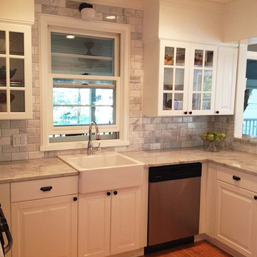 Carrara Marble Grey/Gray And White Kitchen With Stainless Steel Appliances