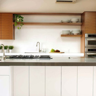 Modelo de cocina actual con electrodomésticos de acero inoxidable, armarios abiertos y puertas de armario de madera oscura