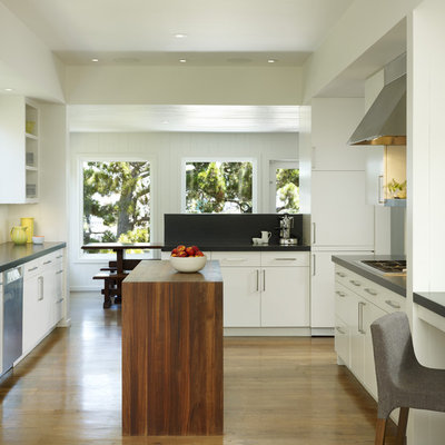 Transitional enclosed kitchen photo in San Francisco with stainless steel appliances, granite countertops, an undermount sink, flat-panel cabinets and white cabinets