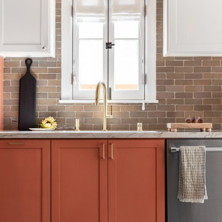 Mediterranean kitchen inspiration - Kitchen - mediterranean cement tile floor kitchen idea in Los Angeles with orange cabinets and no island