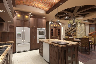 Example of a tuscan kitchen design in Other with distressed cabinets, granite countertops, multicolored backsplash, stone tile backsplash and multicolored countertops
