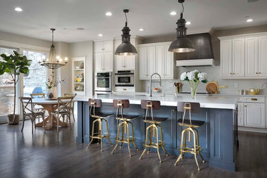 Example of a large transitional single-wall dark wood floor and brown floor eat-in kitchen design in Other with raised-panel cabinets, white cabinets, white backsplash, stainless steel appliances, an island and white countertops