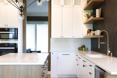 オースティンにある高級な中くらいなモダンスタイルのおしゃれなキッチン (アンダーカウンターシンク、フラットパネル扉のキャビネット、白いキャビネット、クオーツストーンカウンター、黒いキッチンパネル、磁器タイルのキッチンパネル、パネルと同色の調理設備、セラミックタイルの床、茶色い床、白いキッチンカウンター) の写真
