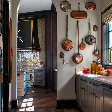 Catering Kitchen with Copper Pans and Antique Wood Flooring