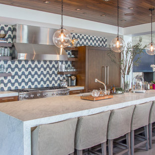 Contemporary open concept kitchen pictures - Open concept kitchen - contemporary open concept kitchen idea in Seattle with open cabinets, multicolored backsplash, stainless steel appliances and an island
