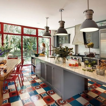 Cement Tile Patchwork Floor In A Contemporary Kitchen
