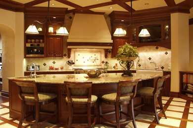 Elegant kitchen photo in Other with beaded inset cabinets, medium tone wood cabinets, granite countertops and an island