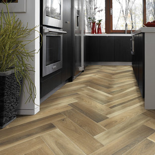 Inspiration for a mid-sized contemporary l-shaped ceramic tile and brown floor open concept kitchen remodel in San Francisco with an undermount sink, flat-panel cabinets, dark wood cabinets, quartz countertops, window backsplash, stainless steel appliances, an island and white countertops