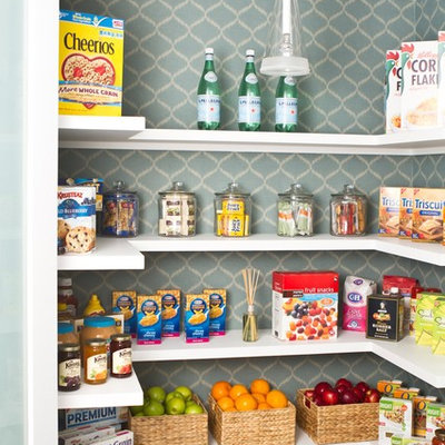 Example of a transitional kitchen pantry design in Los Angeles with open cabinets and white cabinets